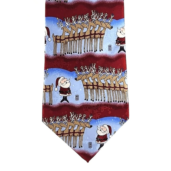 Jingle Bells Men’s  Novelty Fun Christmas Tie Santa Reindeers Blue Red 100% Silk - Picture 2 of 8